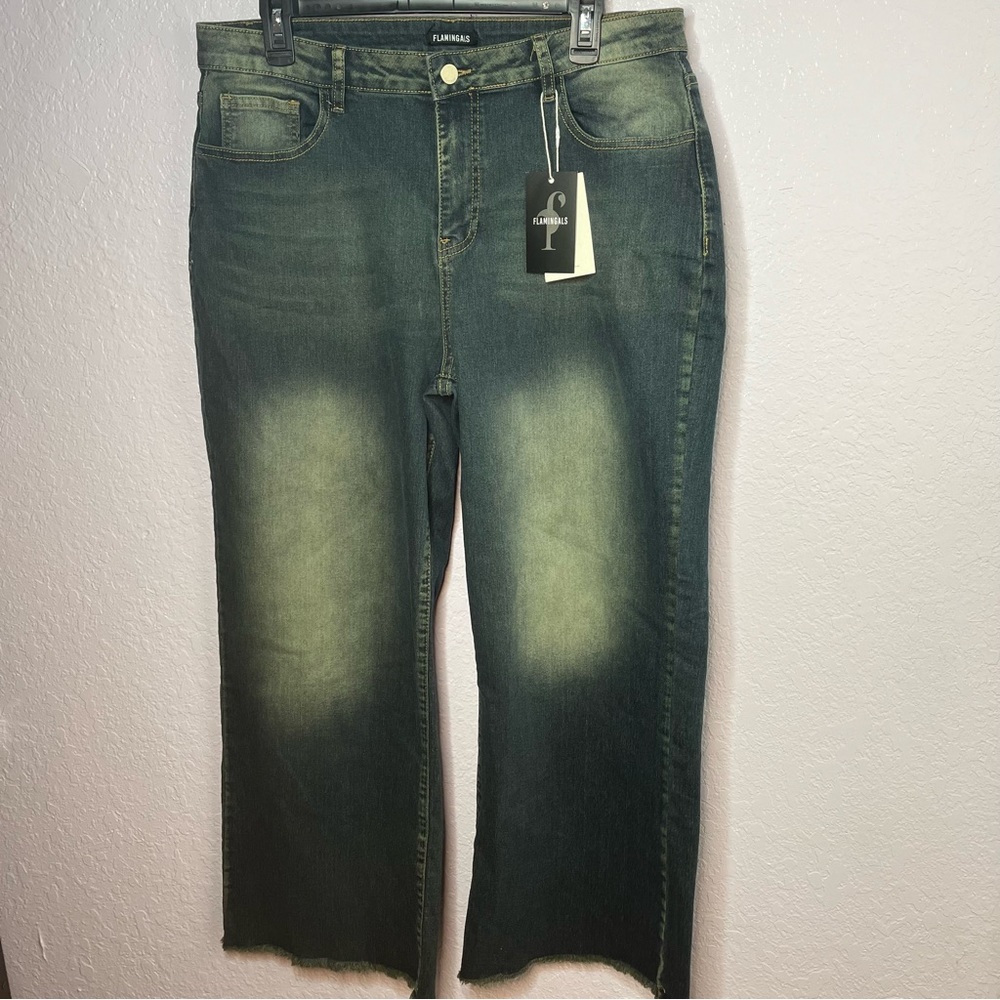 Flamingo Flamingals Five Pocket Wide Leg Jeans with Frayed Raw Hem Size XL New!